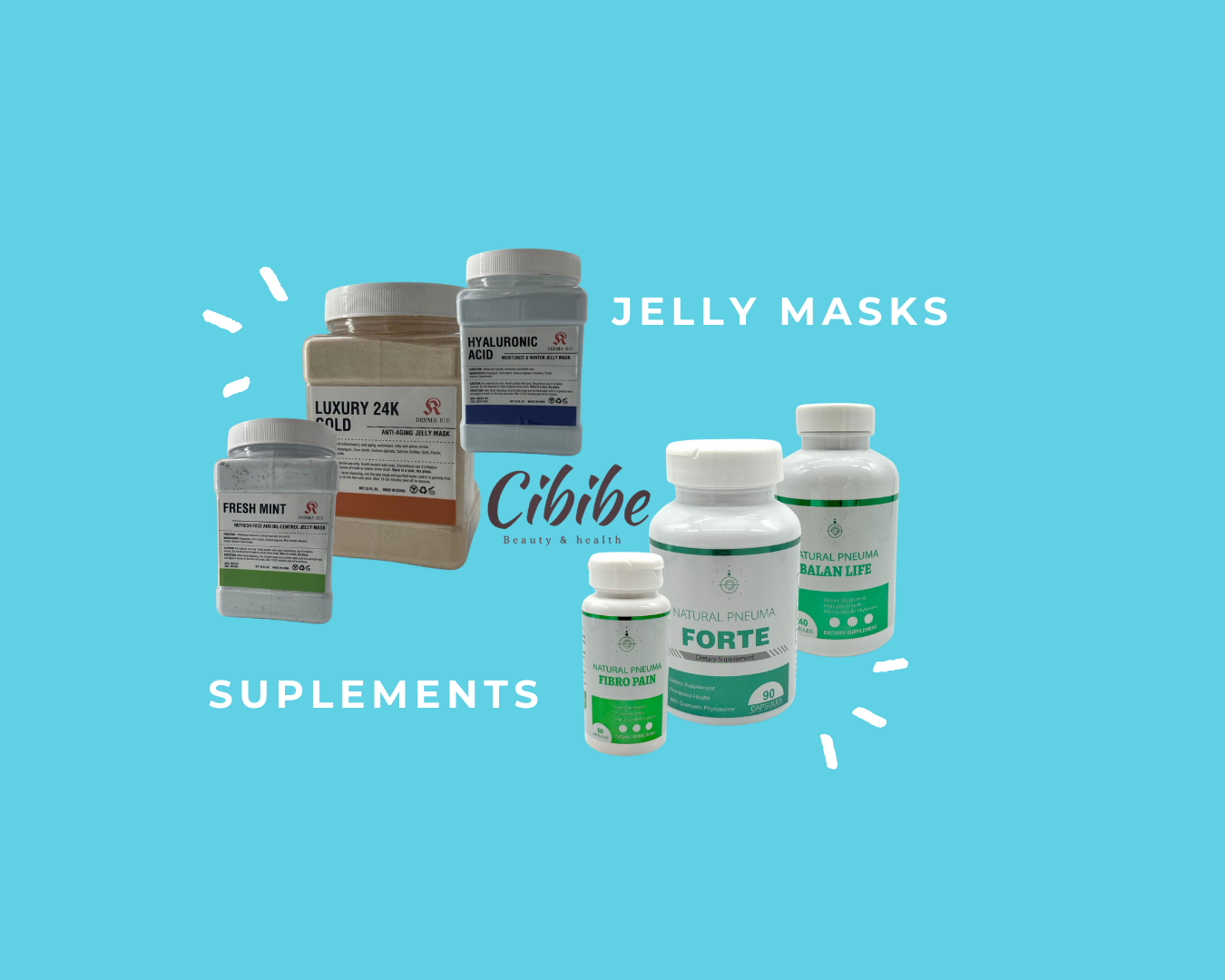 Cibibe product display with jelly masks and natural supplements on light blue background