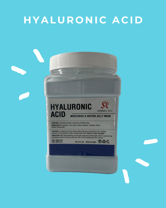 Container of hyaluronic acid powder with a blue background